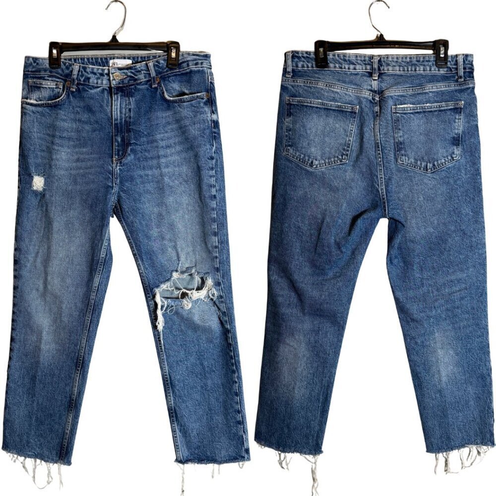 Zara TRF High Rise Distressed Straight Leg Denim Jeans Women's 14 Blue Raw Hem